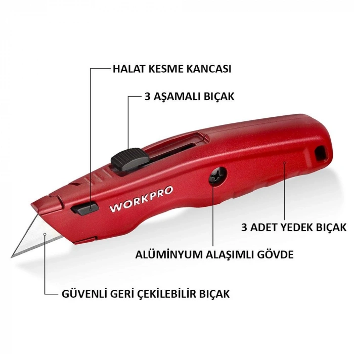 Workpro Wp213017 Ağır Hizmet Alüminyum Gövde Geri Çekilebilir Rötuş Maket Bıçağı + 3 Adet Yedek Bıçak