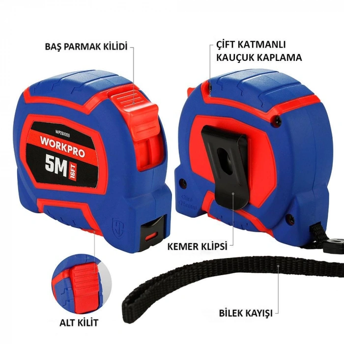 Workpro Wp261009 5mx19mm/16ft. Naylon Kaplama Sarı Çelik Şerit Metre