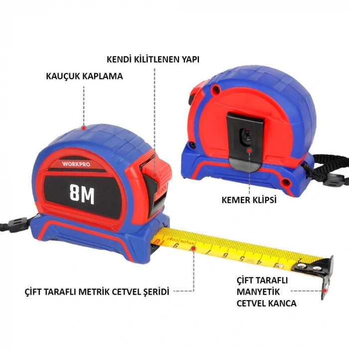 Workpro Wp261044 8mx25mm Naylon Kaplama Sarı Çift Taraflı Manyetik Çelik Şerit Metre