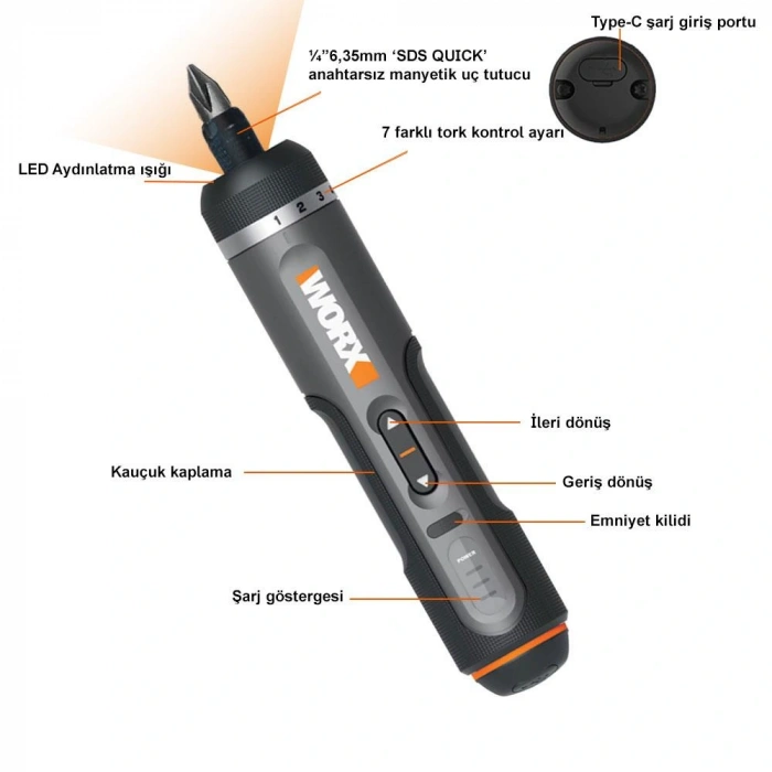 Worx Wx242 4volt/2.0ah. Li-ion Akıllı Tork Ayarlı Şarjlı Tornavida + 30 Adet Bits Uç