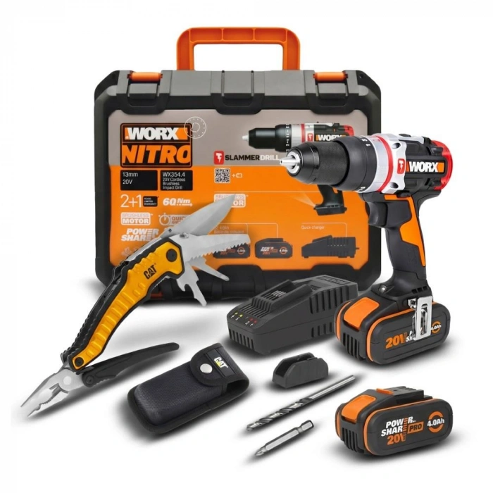 Worx Wx354.4ck 20volt/4.0ah Li-ion Çift Akülü Kömürsüz Profesyonel Şarjlı Darbeli Matkap + Da980045 9 Çok Fonksiyonlu 27cm Çelik Kamp Çakısı