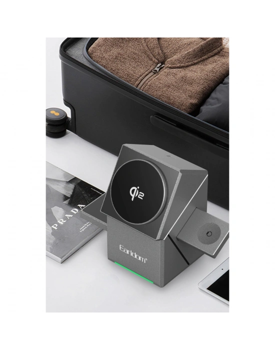 Earldom WC65 3in1 15W Telefon 2.5W Saat ve 5W Airpods İçin Kablosuz Şarj Standı - Gri