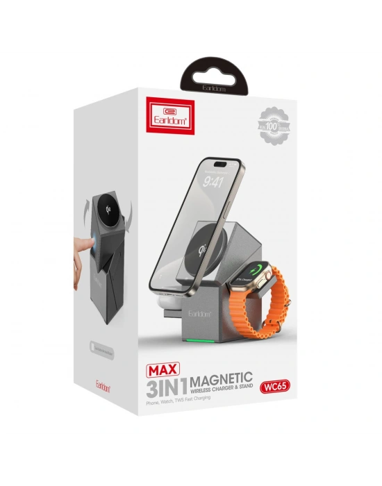 Earldom WC65 3in1 15W Telefon 2.5W Saat ve 5W Airpods İçin Kablosuz Şarj Standı - Gri