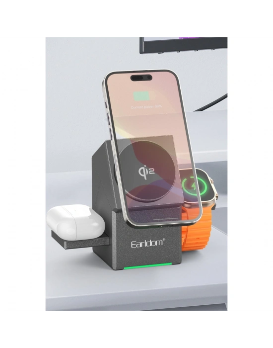 Earldom WC65 3in1 15W Telefon 2.5W Saat ve 5W Airpods İçin Kablosuz Şarj Standı - Gri
