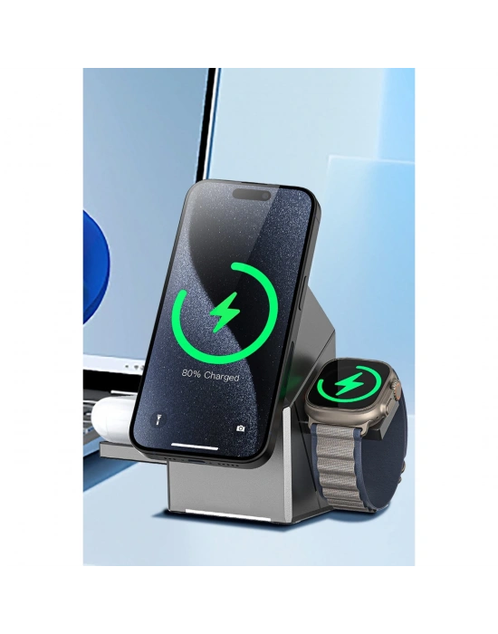 Earldom WC65 3in1 15W Telefon 2.5W Saat ve 5W Airpods İçin Kablosuz Şarj Standı - Gri