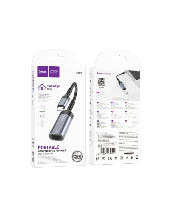 Hoco. UA26 Tak Çalıştır Type-C to RJ45 1000 Mbps Ethernet Dönüştürücü - Gri
