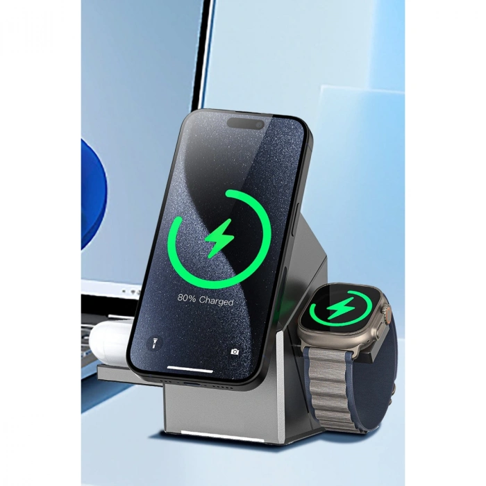 Earldom WC65 3in1 15W Telefon 2.5W Saat ve 5W Airpods İçin Kablosuz Şarj Standı - Gri