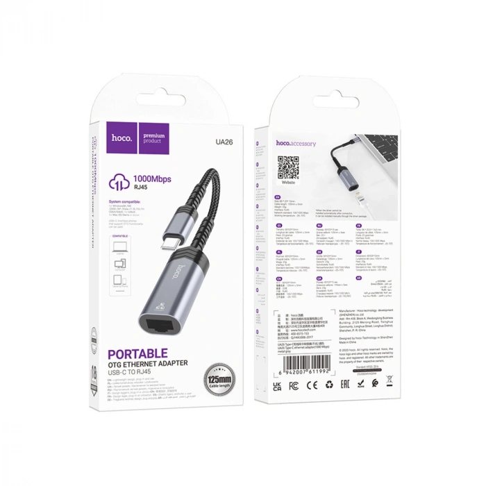 Hoco. UA26 Tak Çalıştır Type-C to RJ45 1000 Mbps Ethernet Dönüştürücü - Gri