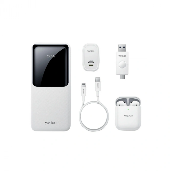 Yesido CG10 5in1 12W Şarj Aleti Kablo Powerbank Flash Bellek Airpods Set - Beyaz
