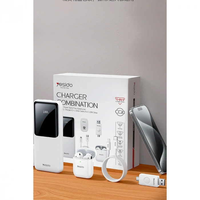 Yesido CG10 5in1 12W Şarj Aleti Kablo Powerbank Flash Bellek Airpods Set - Beyaz