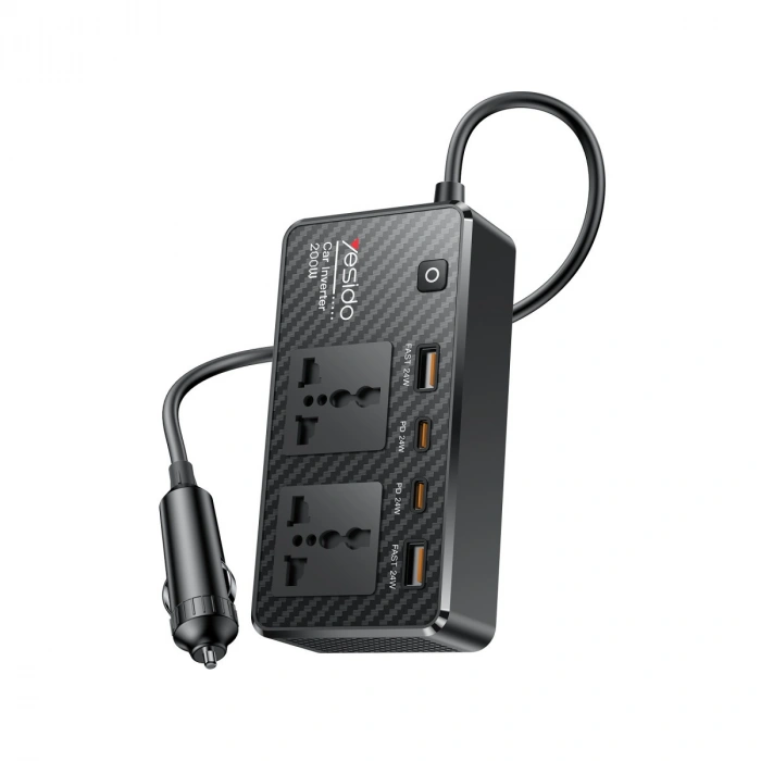 Yesido VC07 200W AC 220V Çıkışlı PD Destekli 4 Portlu Araç İçi Güç Dönüştürücü - Siyah