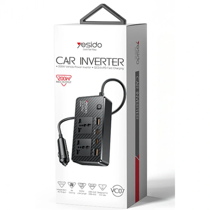 Yesido VC07 200W AC 220V Çıkışlı PD Destekli 4 Portlu Araç İçi Güç Dönüştürücü - Siyah