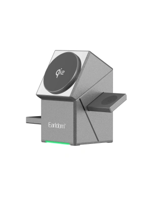 Earldom WC65 3in1 15W Telefon 2.5W Saat ve 5W Airpods İçin Kablosuz Şarj Standı - Gri