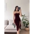 Derin Yırtmaç Straplez Elbise - BORDO