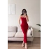 İnce Askılı Uzun Bodycon Elbise - KIRMIZI