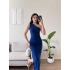 Omuz Detay Drapeli Elbise - SAKS MAVİSİ