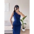 Omuz Detay Drapeli Elbise - SAKS MAVİSİ