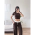 Biyeli Crop & Pantolon Takım - KAHVE