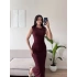 Yırtmaç Detay Büzgülü Elbise - BORDO