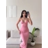 Askılı V Yaka Premium Elbise - PEMBE