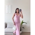Çift Yırtmaçlı Kare Yaka Elbise - PEMBE