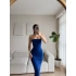 Arka Yırtmaç Detay Straplez Elbise - SAKS MAVİSİ