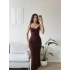 Askılı Derin Yırtmaç Elbise - KAHVE