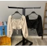 Bağlamalı Büzgülü Madonna Yaka Crop Bluz-BEJ