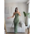 Boyun Askılı Arka Yırtmaç Elbise - YEŞİL