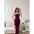 Derin Yırtmaç Omuz Askılı Elbise - BORDO