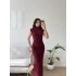 Drapeli Simli Long Elbise - BORDO