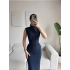 Dik Yaka Simli Drapeli Elbise - LACİVERT