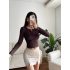 Düğmeli Buzzy Kumaş Crop - KAHVE