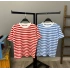 Enine Çizgili Unisex Oversize T-shirt-KIRMIZI