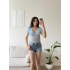 Güpürlü V Yaka Bodysuit - MAVİ