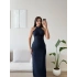Halter Yaka Simli Long Elbise - LACİVERT
