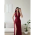Halter Yaka Sırt Bağlamalı Yırtmaçlı Maxi Elbise - BORDO
