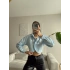 İnci Düğmeli Crop Gömlek - MAVİ