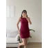 Keten Sırt Fermuar Mini Elbise - BORDO