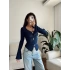 Kolları Volanlı Aksesuar Bluz - LACİVERT