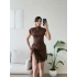 Monique Dantel Yırtmaçlı Drapeli Mini Elbise - KAHVE