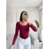 Oval Yaka Çift Kat Crop - BORDO