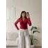 Tül Detay Polo Yaka Bluz - KIRMIZI
