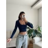 Yan Büzgü Kare Yaka Crop - LACİVERT