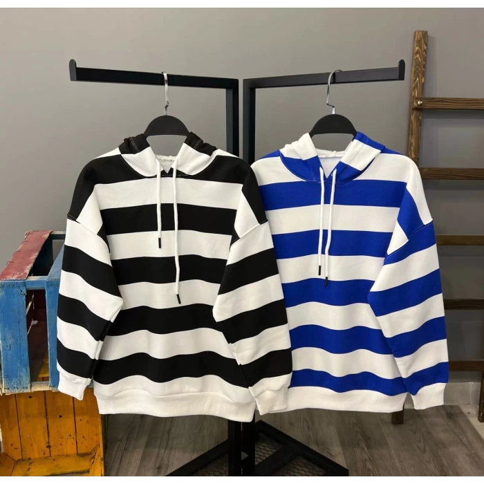 Çizgili Oversize Sweatshirt-SİYAHBEYAZ