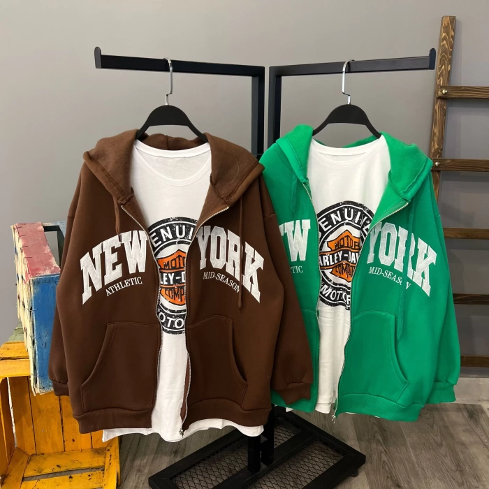 New York Üç İplik Oversize Hırka-KAHVE
