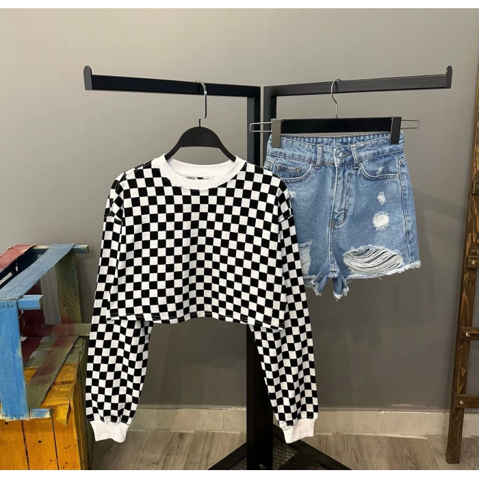 Damalı Crop Sweat