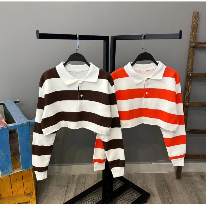 Polo Yaka Çizgili Sweat - KAHVEBEYAZ