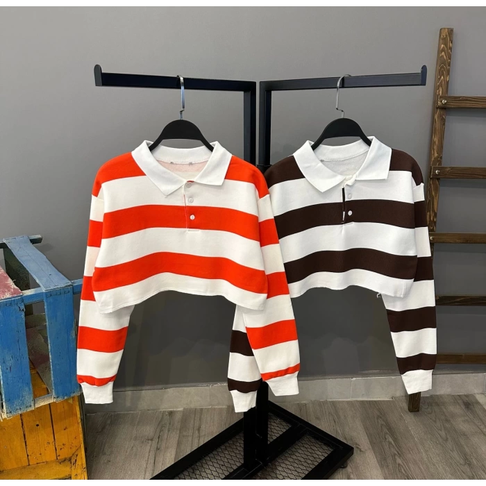Polo Yaka Çizgili Sweat - TURUNCUBEYAZ