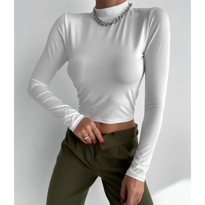 Sendy Kumaş Balıkçı Yaka Crop-BEYAZ
